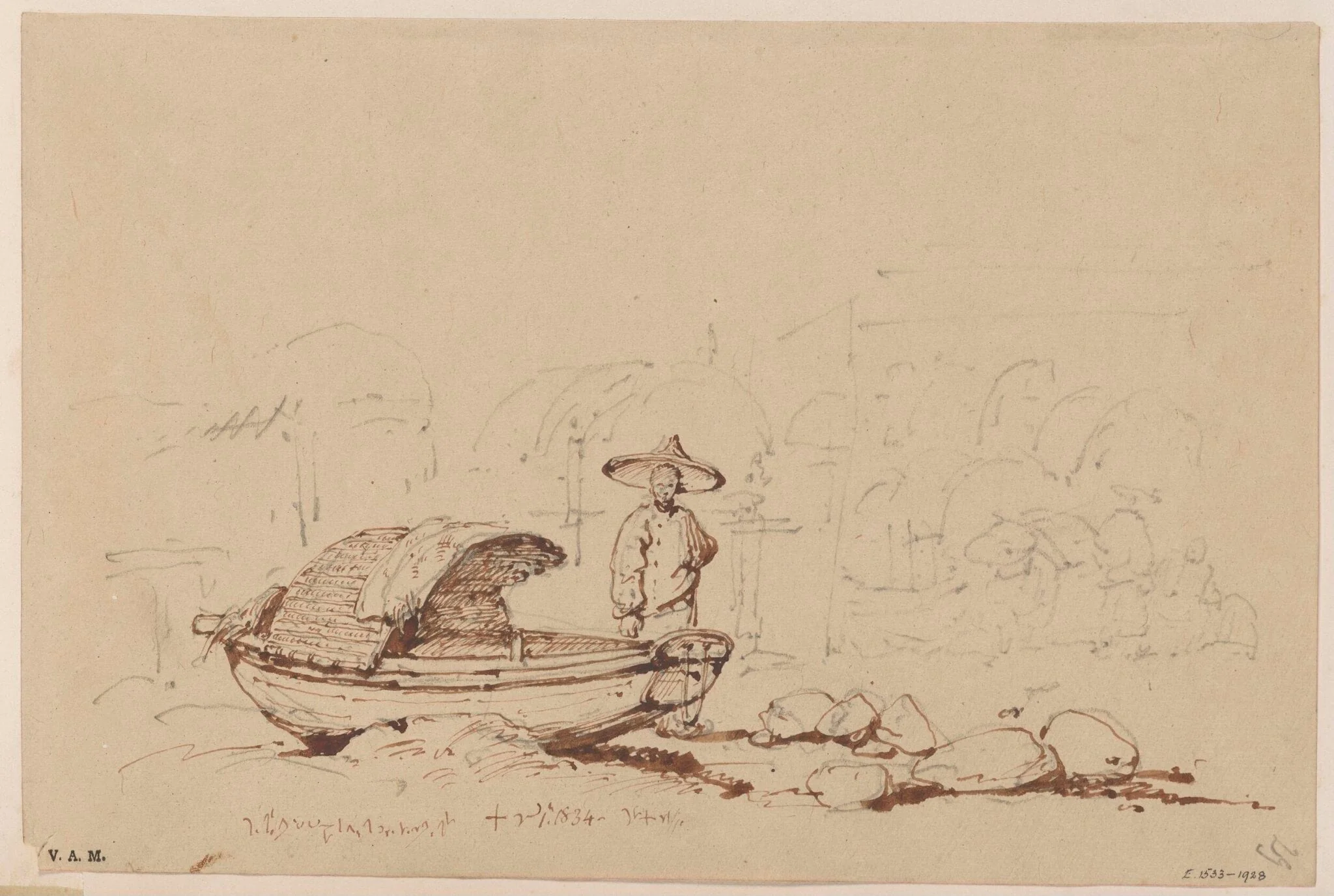 A boatman beside a beached Tanka boat, by George Chinnery, 2