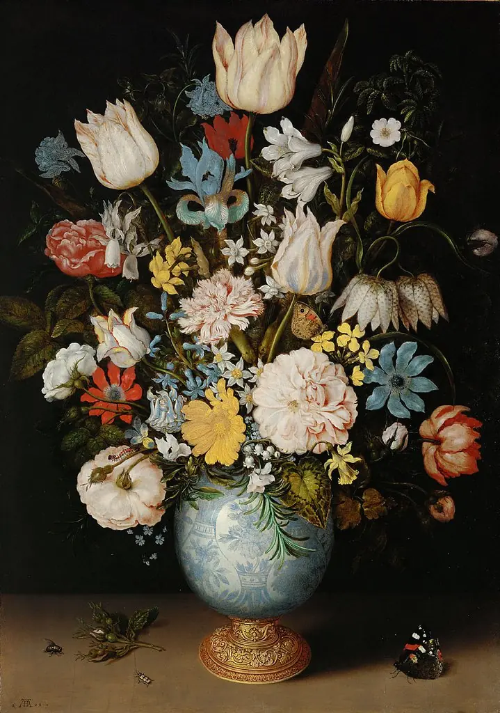 Flowers in a blue and white porcelain vase