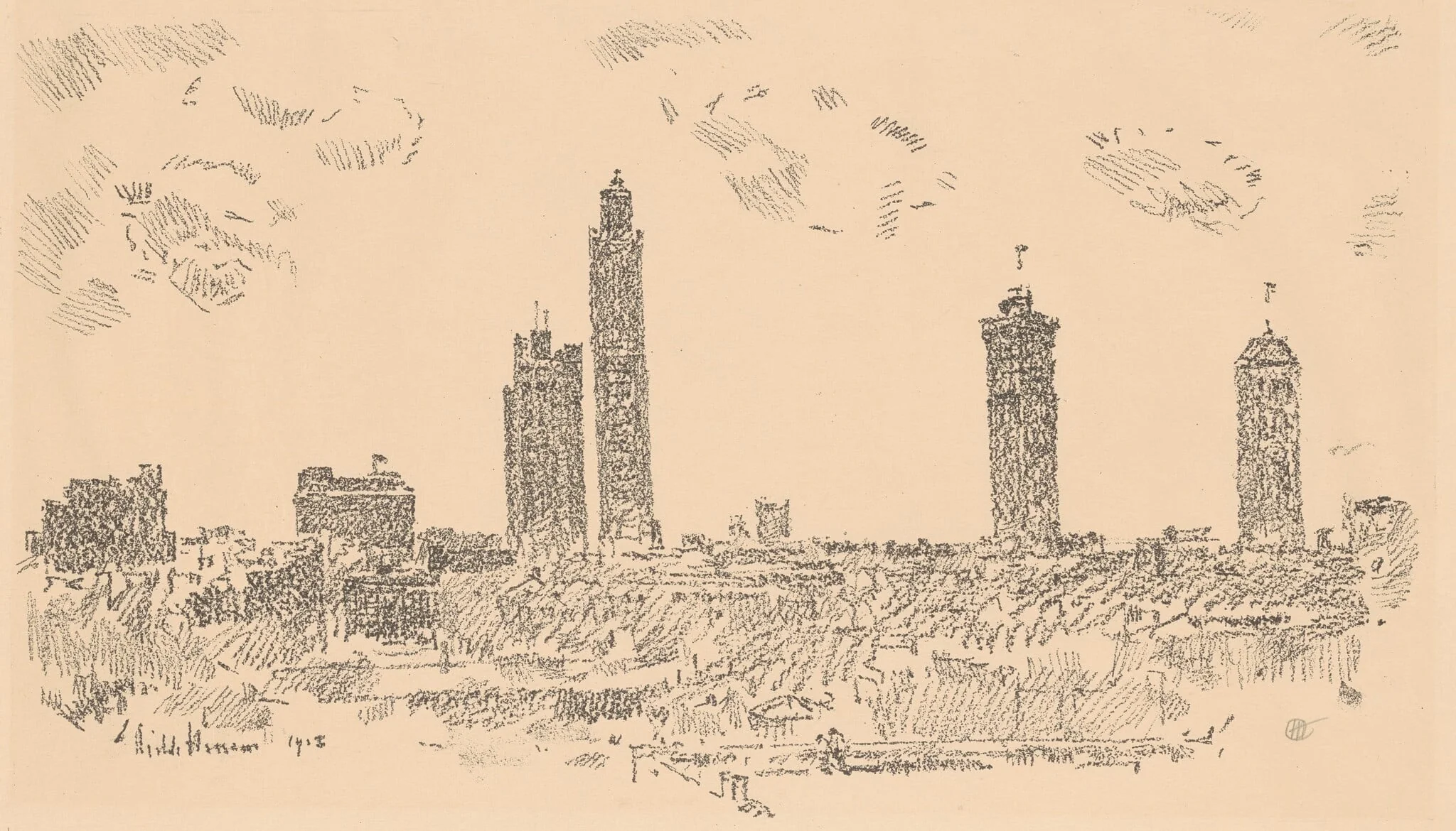 New York Sky Line, Dark Buildings, by Childe Hassam, ink, 1918