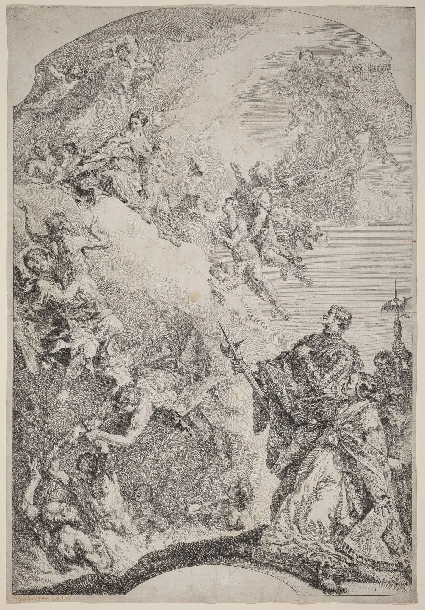 Saint Gregoire I Delivering Souls from Purgatory, by Francesco Fontebasso, ink, 1744