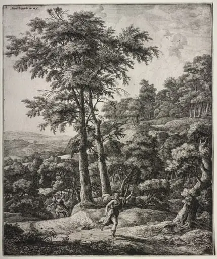 Six large upright landscapes with scenes from Ovid's Metamorphoses: Apollo and Daphne