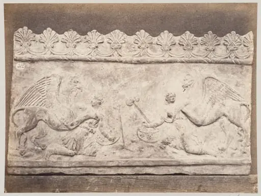 Bas-relief portion of a frieze of a battle with griffons and amazons in terra cotta