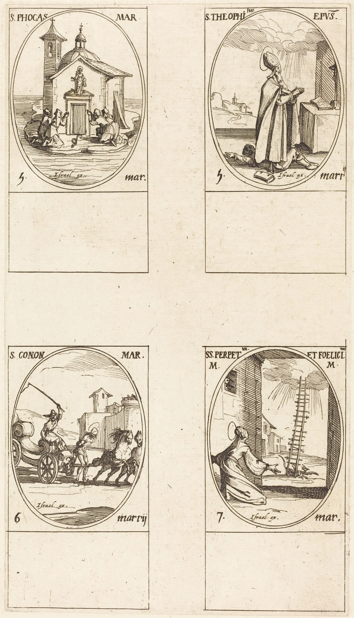 St. Phocas; St. Theophilus; St. Conon; Sts. Perpetua and Felicitas, by Jacques Callot, ink, 1634
