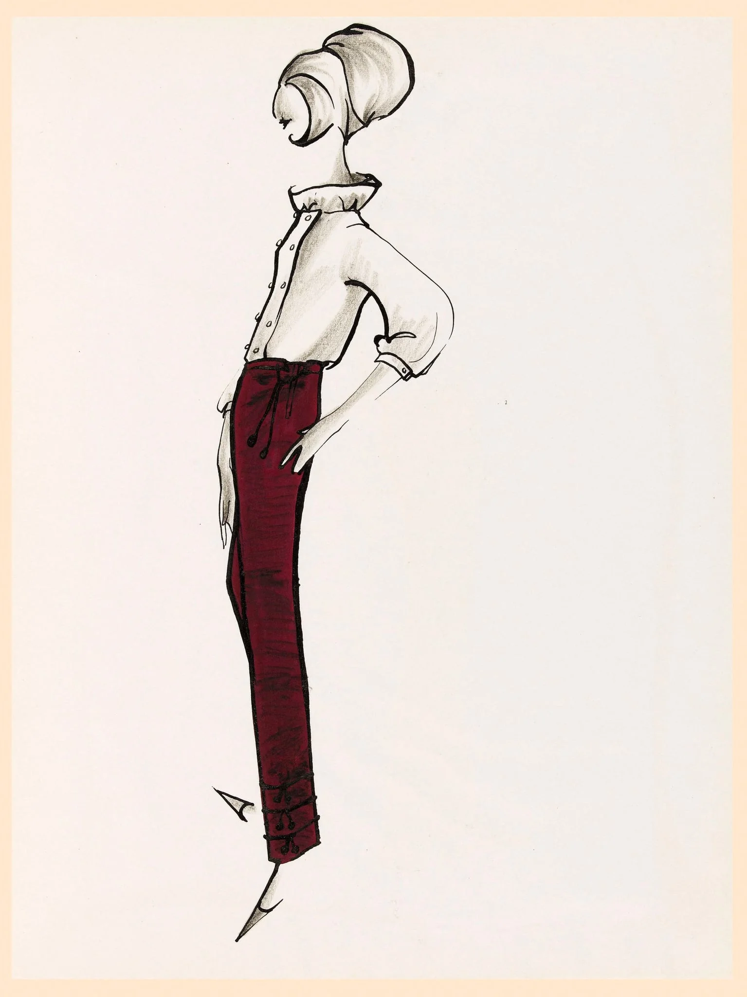 Pantalon bordeaux avec applications en bas de la jambe, by Marie-Louise Carven, 1963