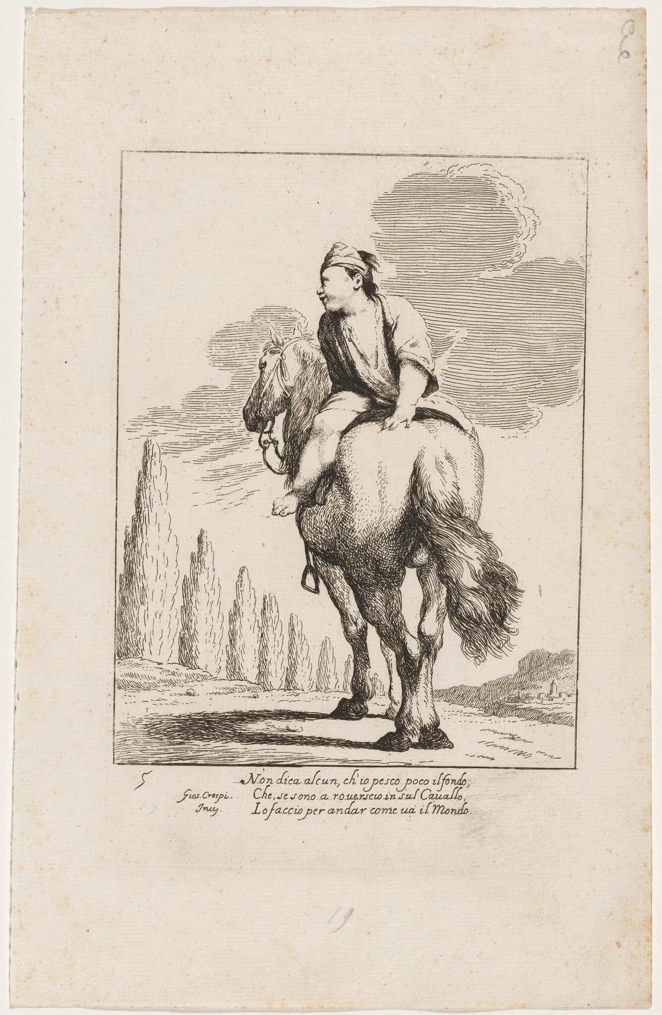Cacasenno Riding a Horse Backwards, by Giuseppe Maria Crespi, ink, 1712