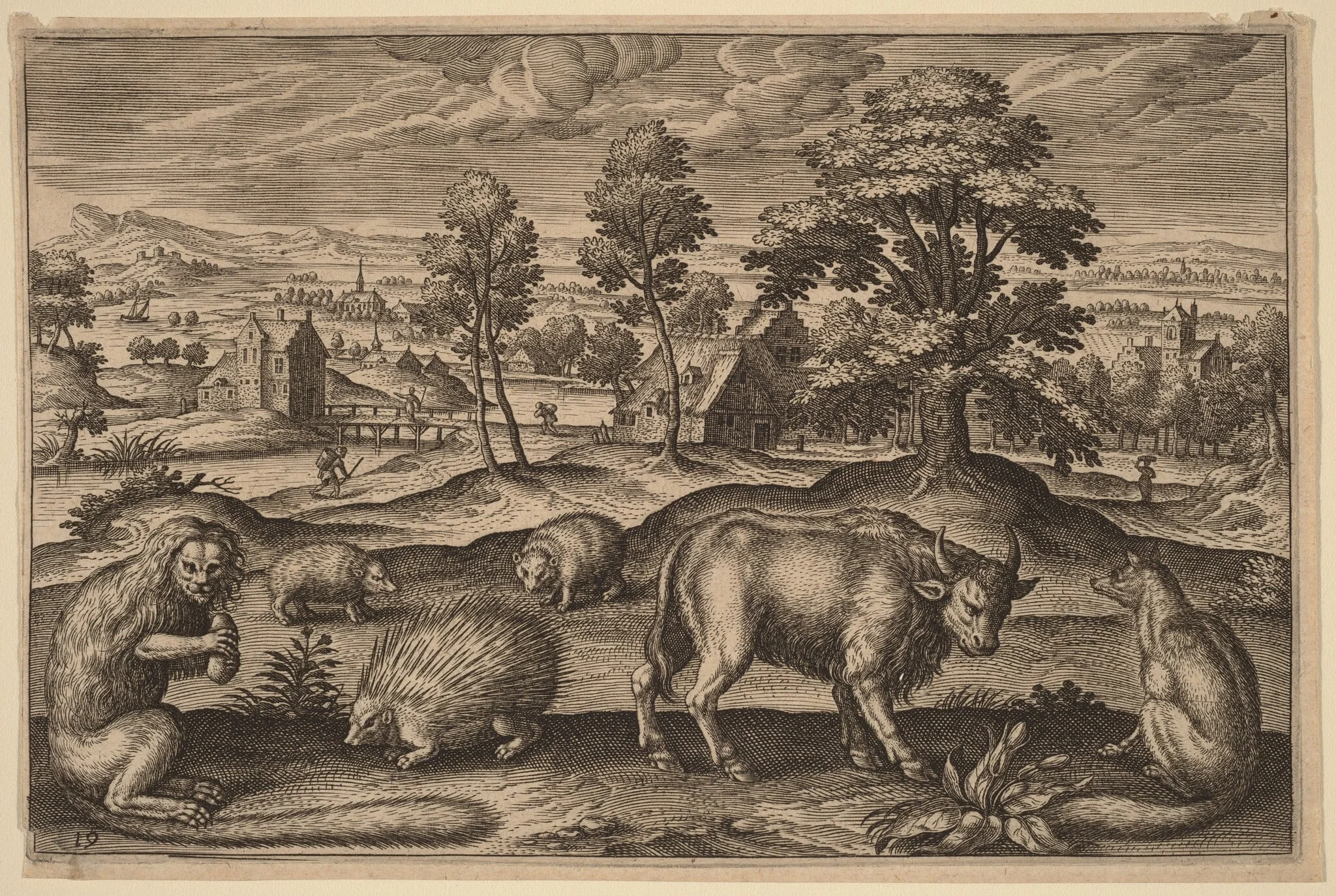A Monkey, a Porcupine, Two Hedgehogs, a Buffalo and a Fox, by Adriaen Collaert, ink, 1597