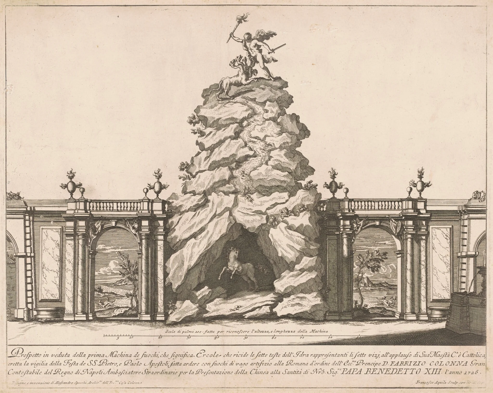 The Prima Macchina for the Chinea of 1726: Hercules and the Hydra, by Francesco Faraone Aquila, ink, 1726