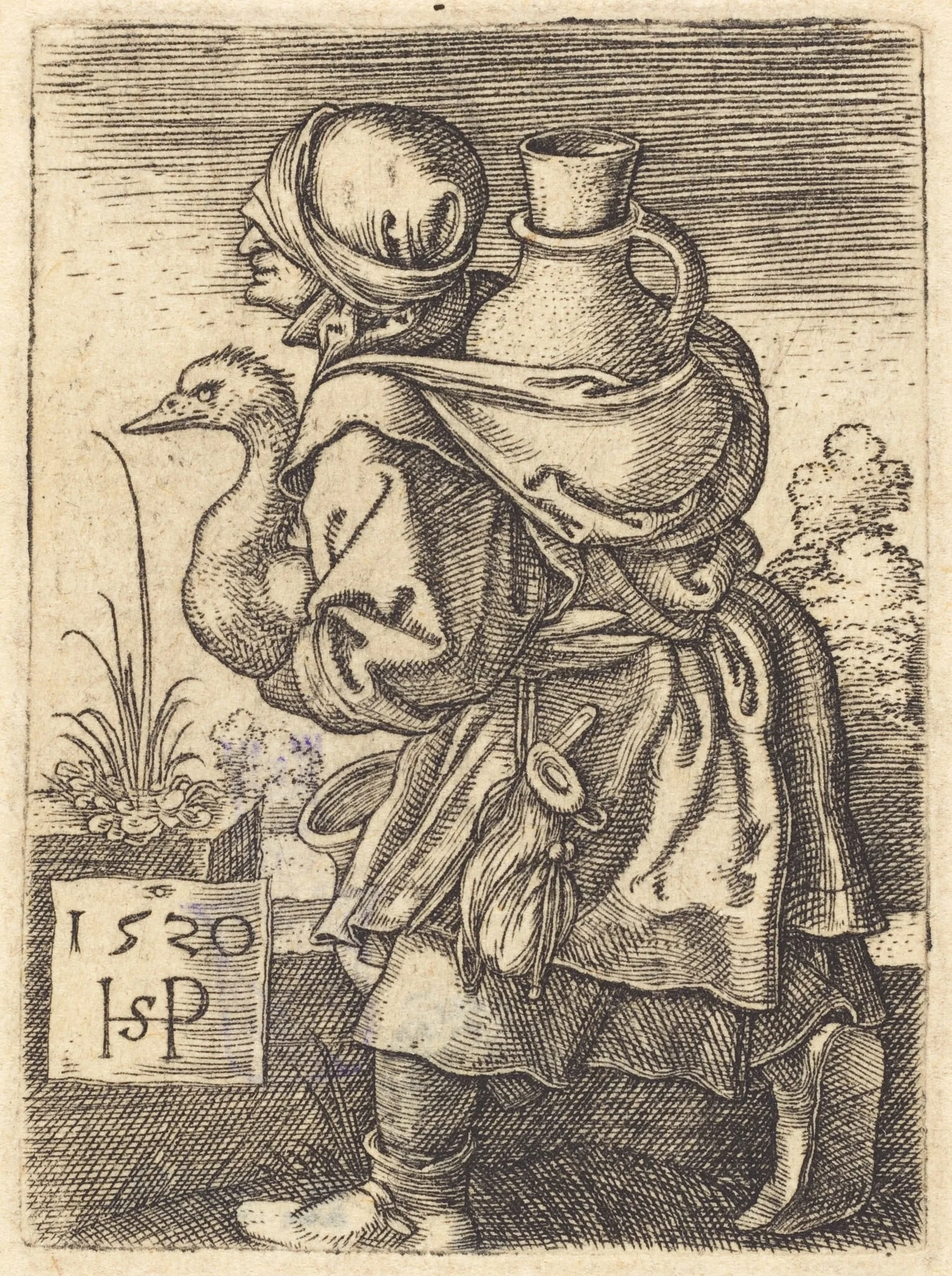 Peasant Woman Going to Market, by Sebald Beham, ink, 1520