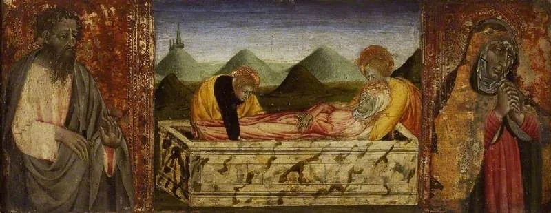 The Entombment of the Virgin; (left) St Bartholomew; (right) A female Saint, by Giovanni di Paolo, tempera, 1455