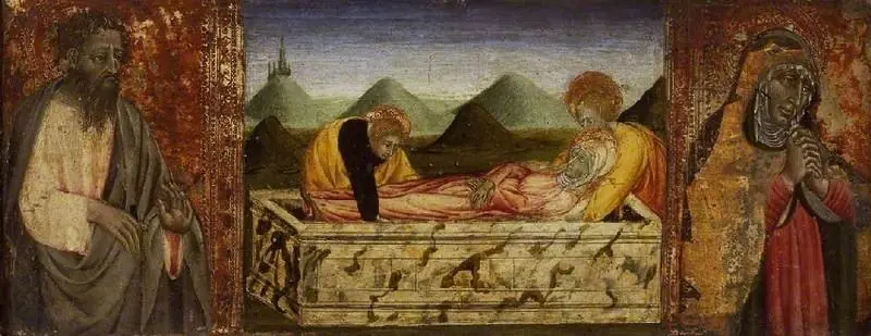 The Entombment of the Virgin; (left) St Bartholomew; (right) A female Saint