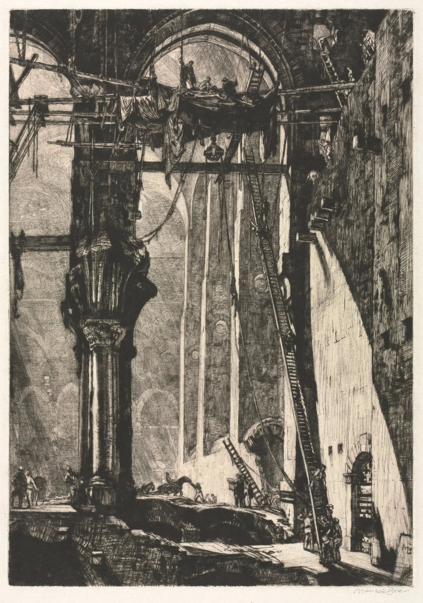 Demolition of St. James Hall, Interior, by Muirhead Bone, 1906