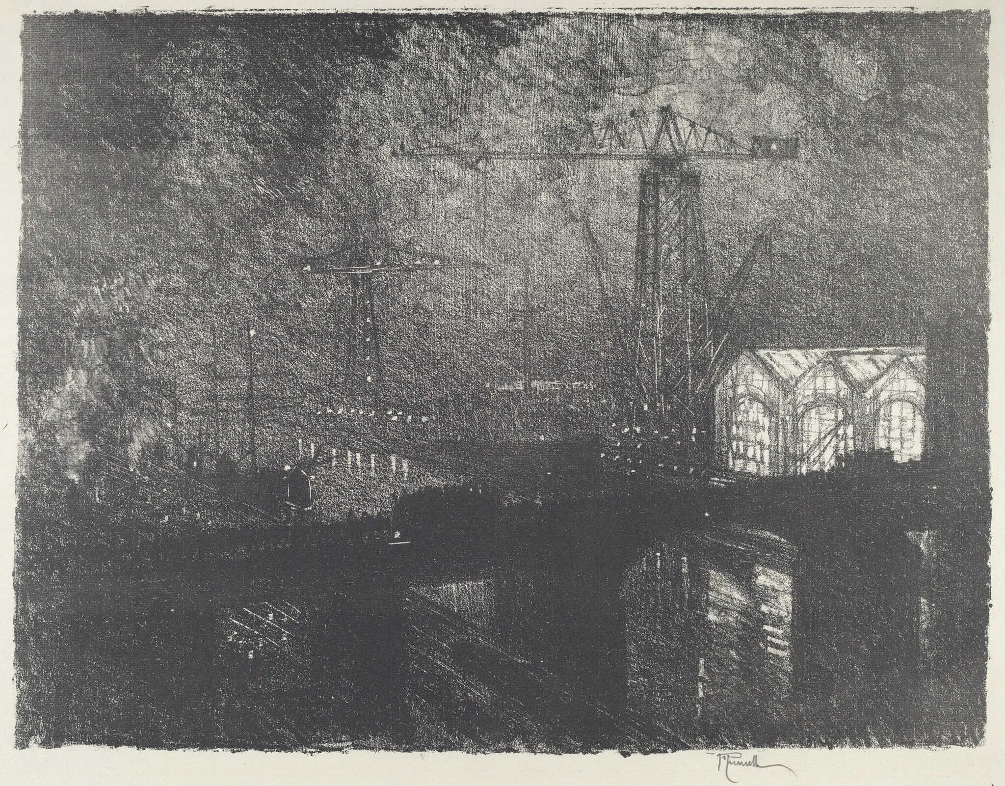 The Shops at Night, Changing Shifts, by Joseph Pennell, ink, 1916