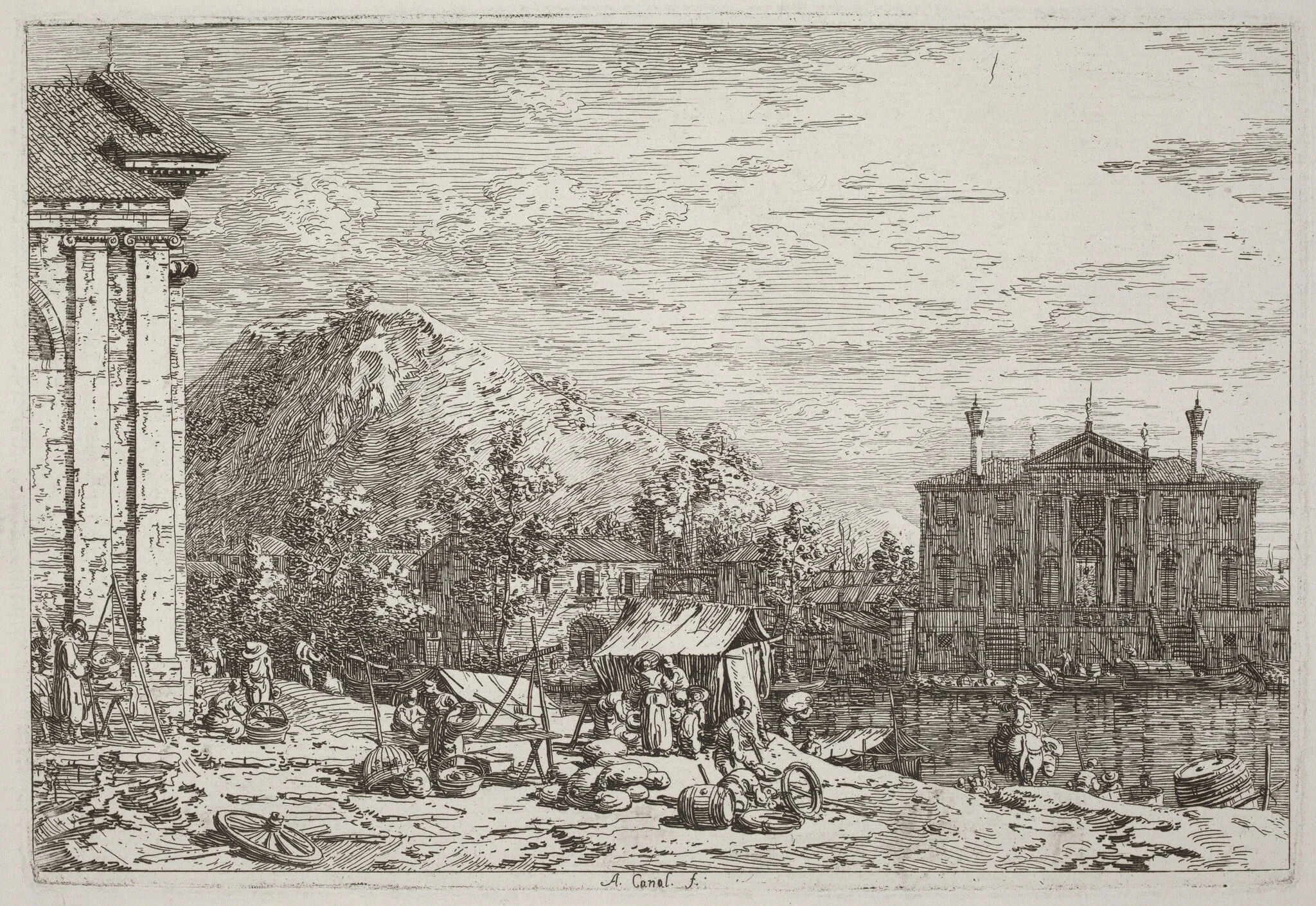The Market at Dolo [lower left], by Canaletto, ink, 1740