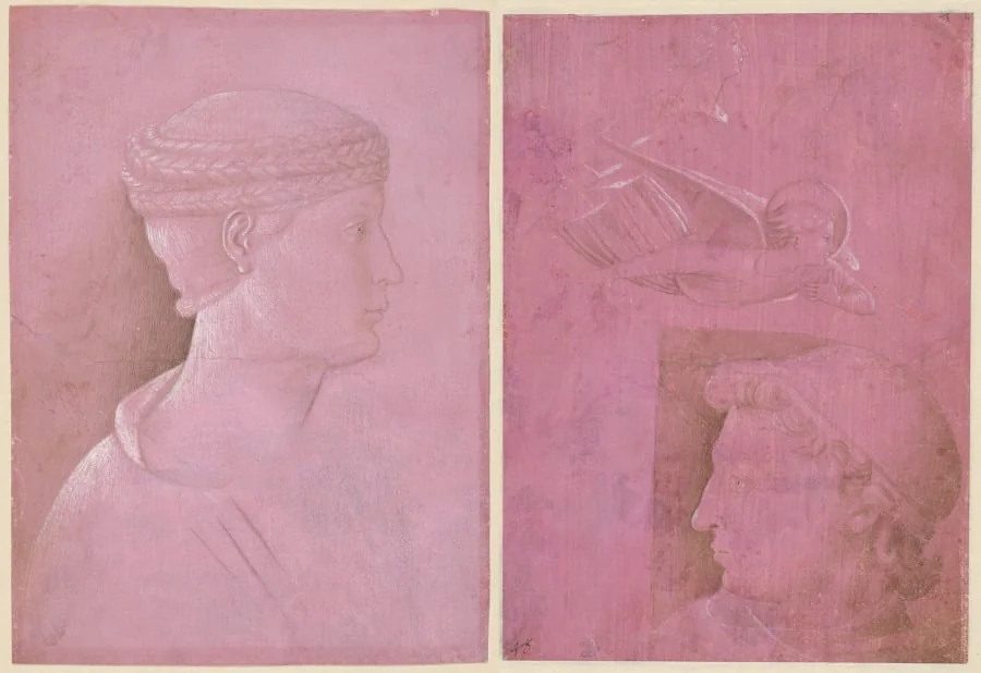 Bust of a Woman (recto); Head of a Man, Two Studies of a Woman's Profile, and a Study of An Angel (verso), by Benozzo Gozzoli, 1458