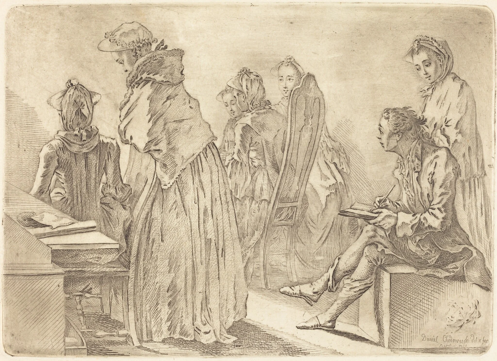 Party with Six Ladies and the Artist, by Daniel Nikolaus Chodowiecki, ink, 1758