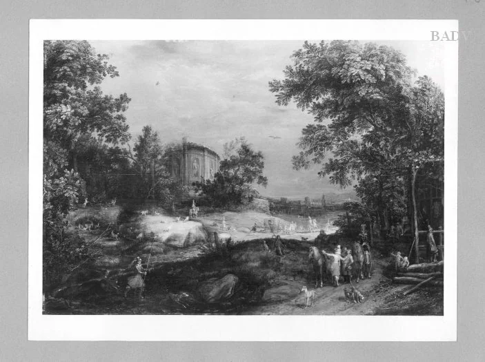 landscape with temple, inn and figures