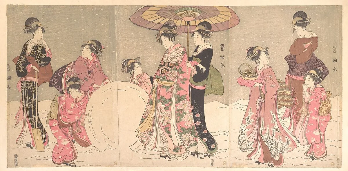 歌川豊国画　雪こかし|Courtesans and Attendants Making a Giant Snowball, by Utagawa Toyokuni I, ink, 1796