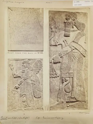  Assyrian sculpture, priest worshipping and genius worshipping, Paris:  Louvre