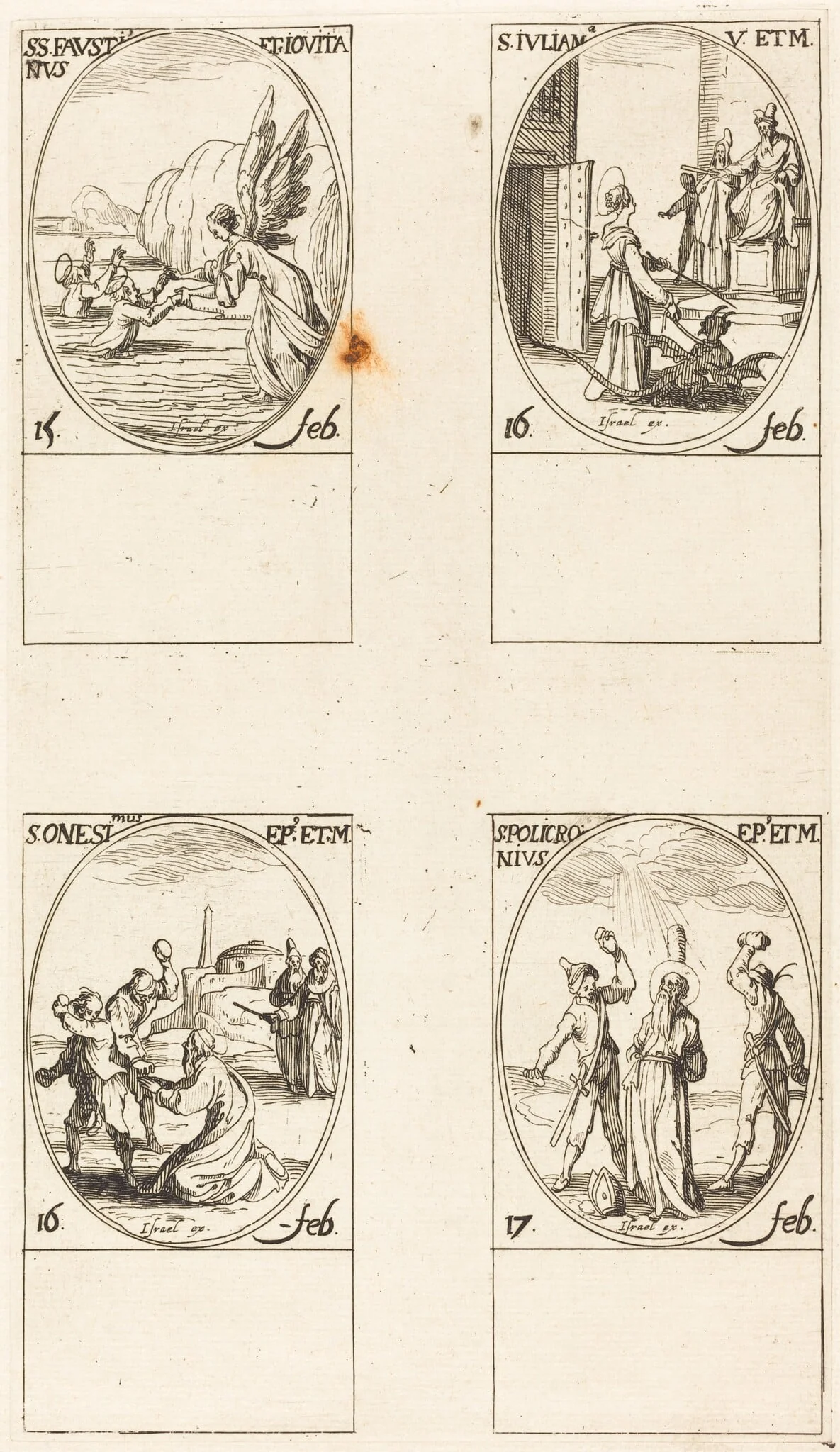 Sts. Faustinus and Jovita; St. Juliana; St. Onesimus; St. Policronius, by Jacques Callot, ink, 1634