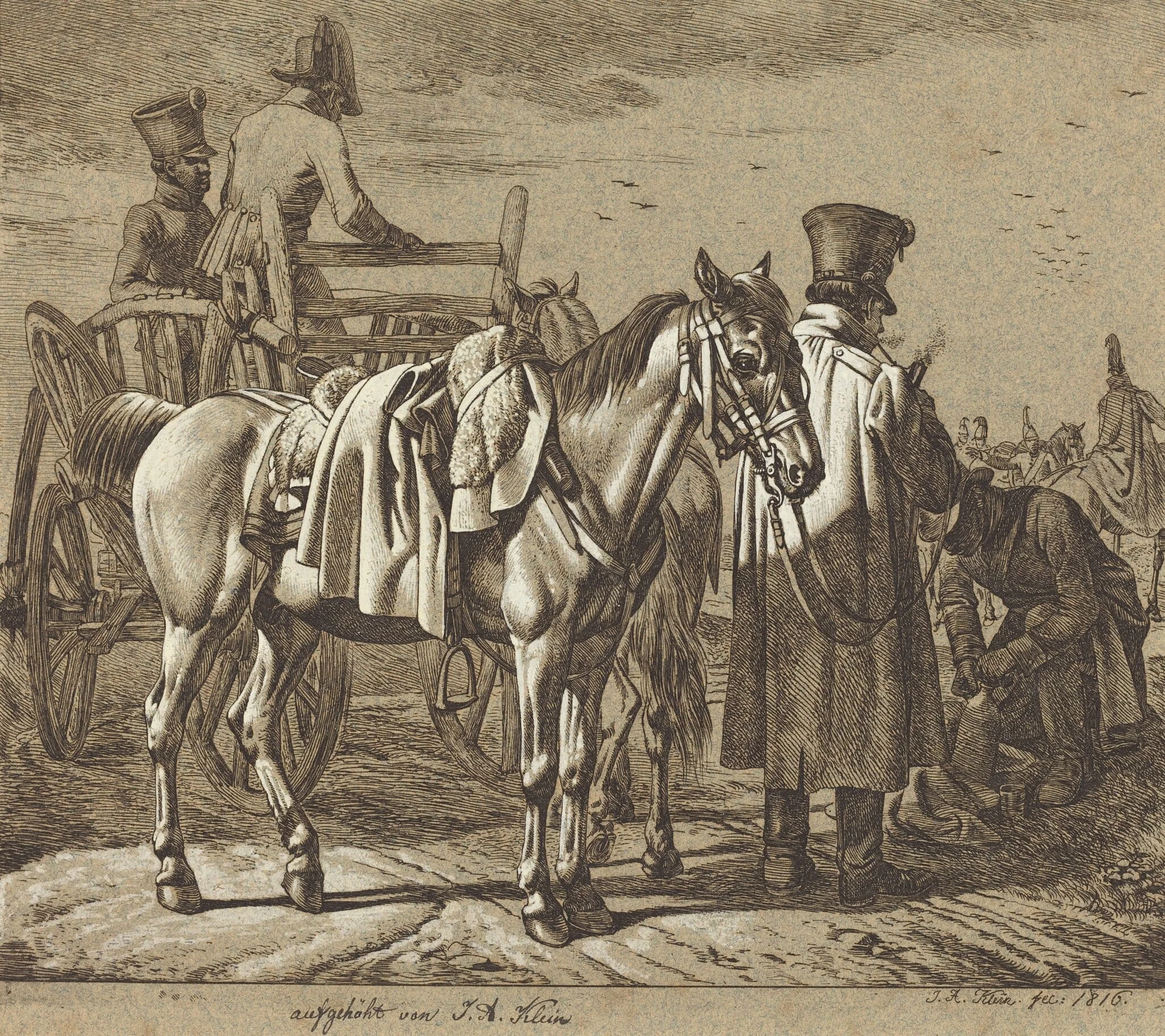 Horse with Soldiers Smoking Pipe/Military Scene, by Johann Adam Klein, ink, 1816