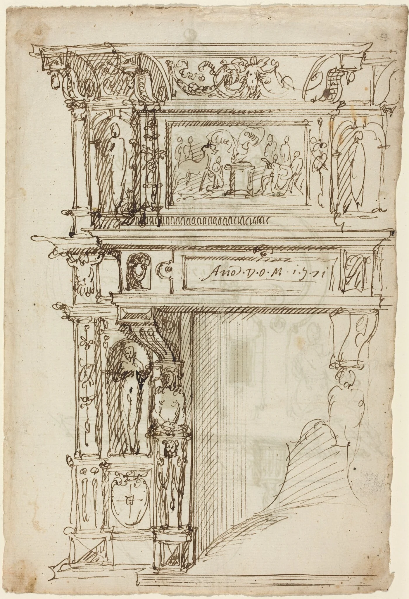 Palatial Mantelpiece with a Scene of Ancient Sacrifice [recto], by Austrian 16th Century, ink, 1571