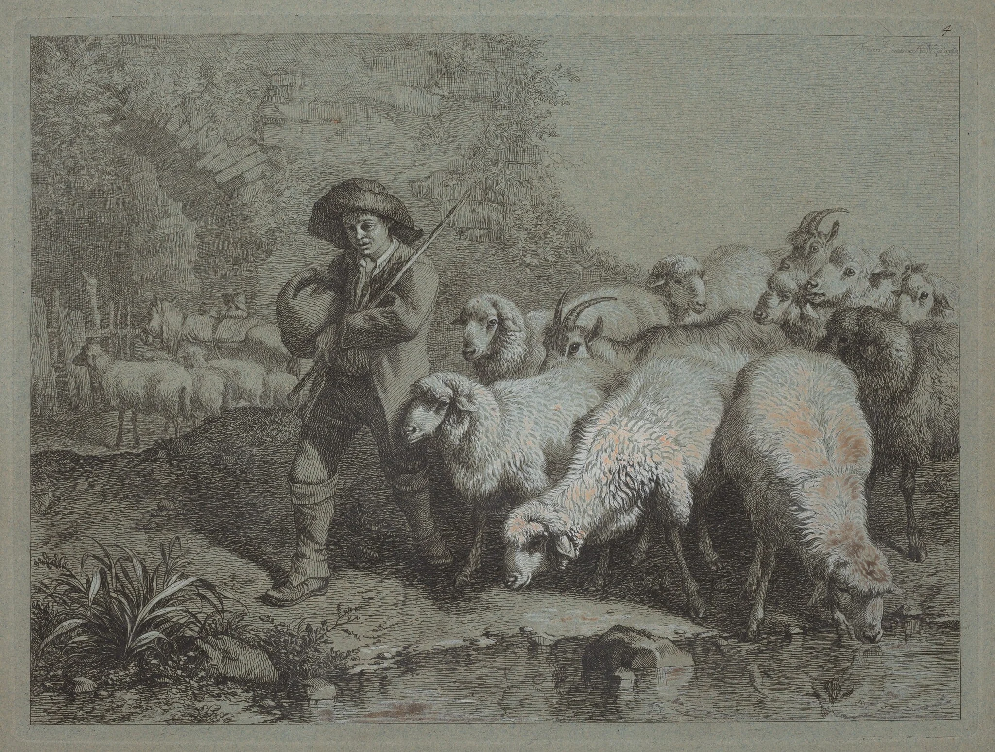 Shepherd with a Sack Driving a Flock, by Francesco Londonio, gouache, 1763