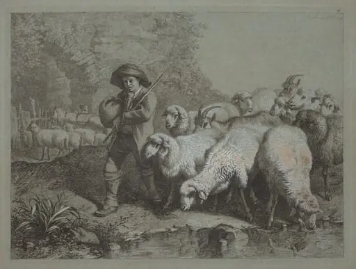Shepherd with a Sack Driving a Flock