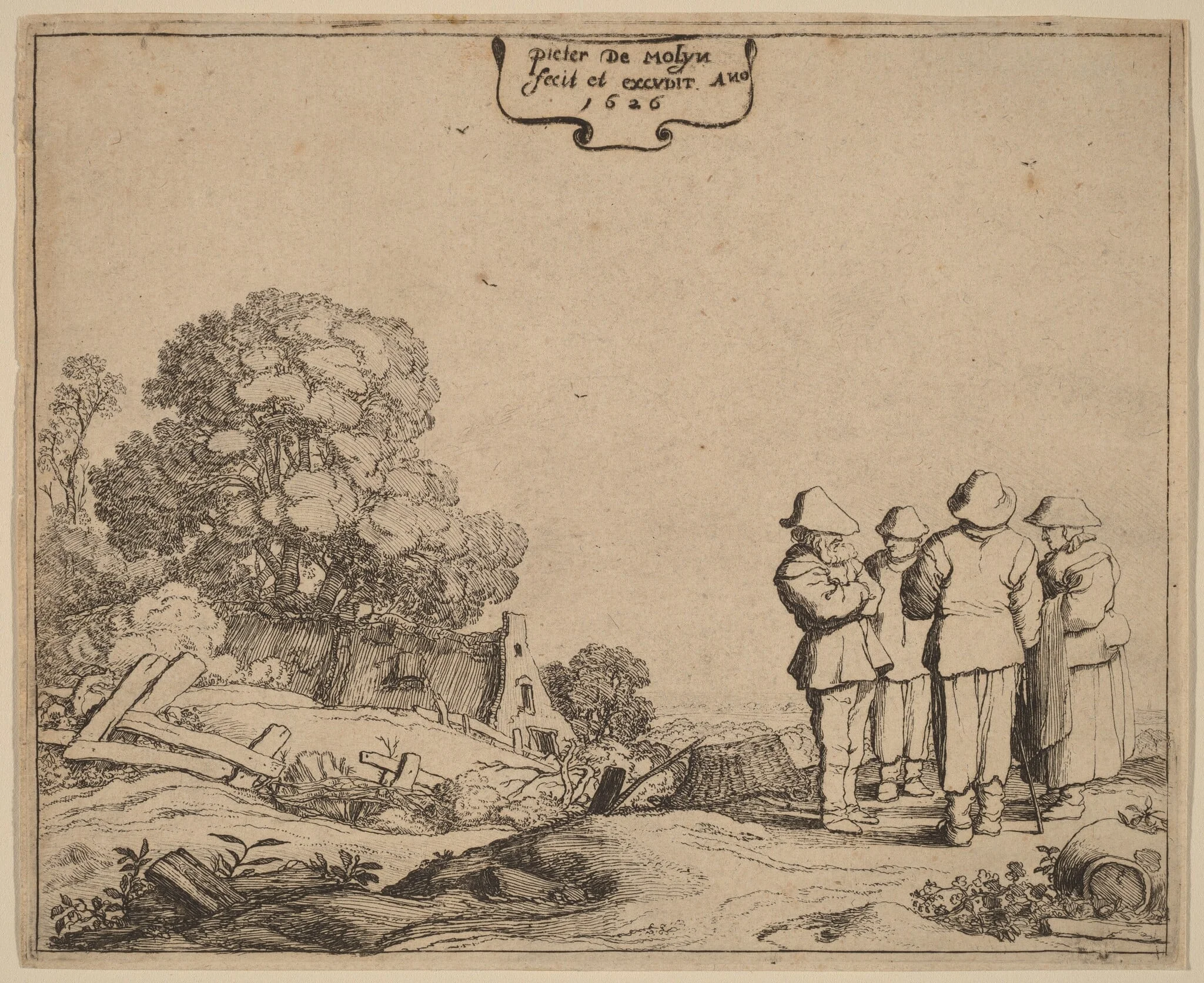 Three Peasants and a Woman, by Pieter Molijn, ink, 1626