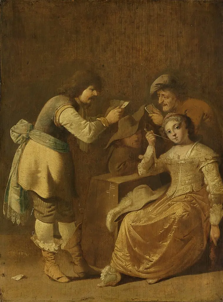 Card players with woman smoking a pipe