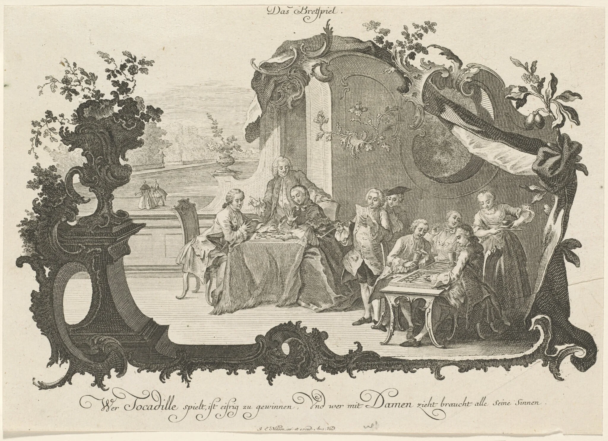 Das Bretspiel (Ladies and Gentlemen Playing Board Games), by Johann Esaias Nilson, ink, 1756