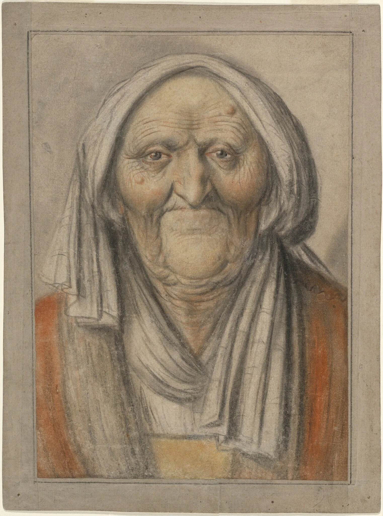 Bust of an Old Woman Wearing a Head Scarf, by Lagneau, chalk, 1625