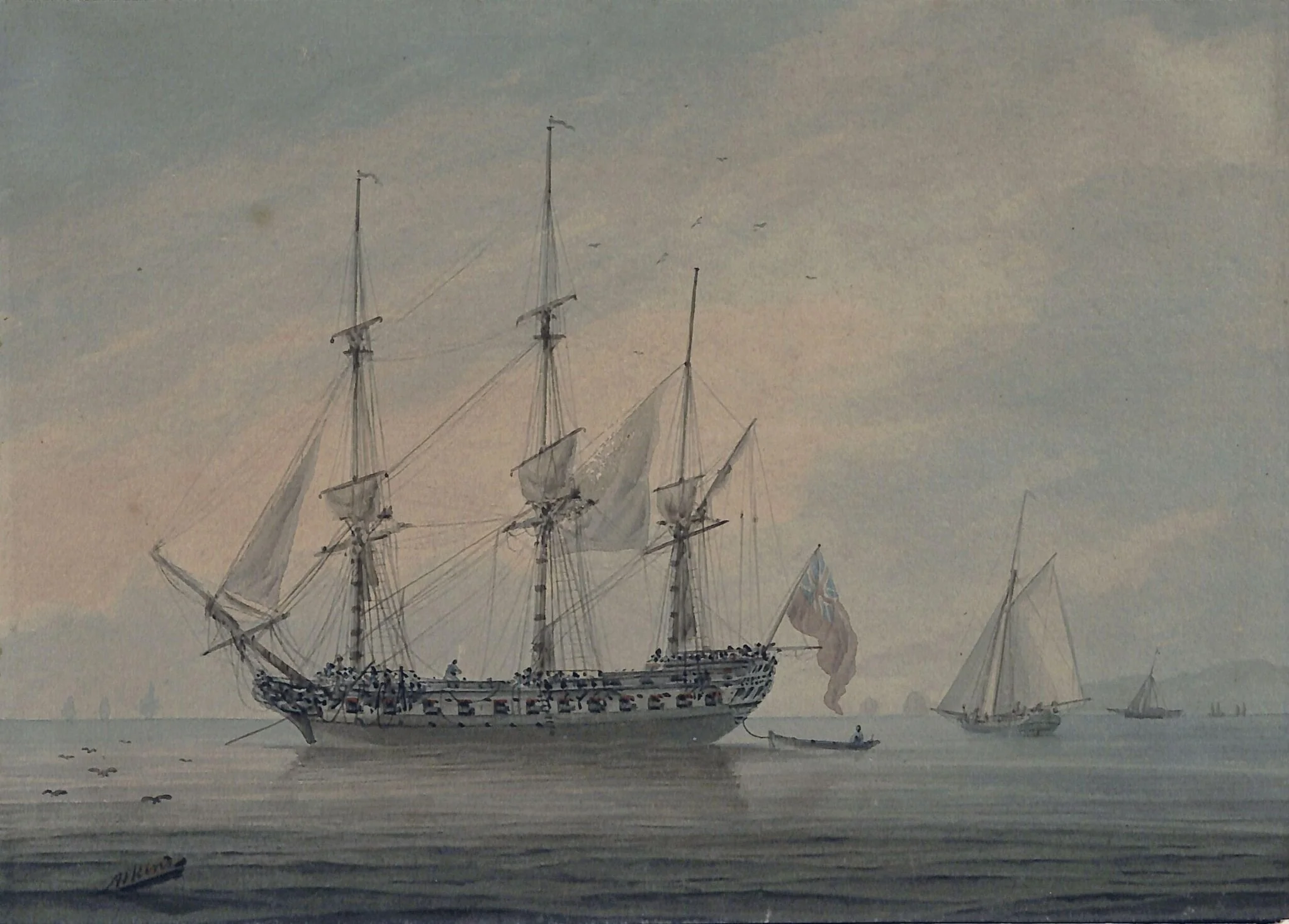 Seascape with a Frigate, by Samuel Atkins, watercolor, 1794