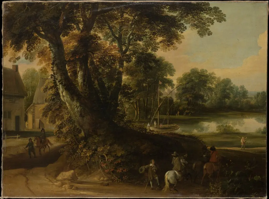 Landscape with a Group of Trees at the Shore of a Lake, Three Riders on the Road in the Foreground