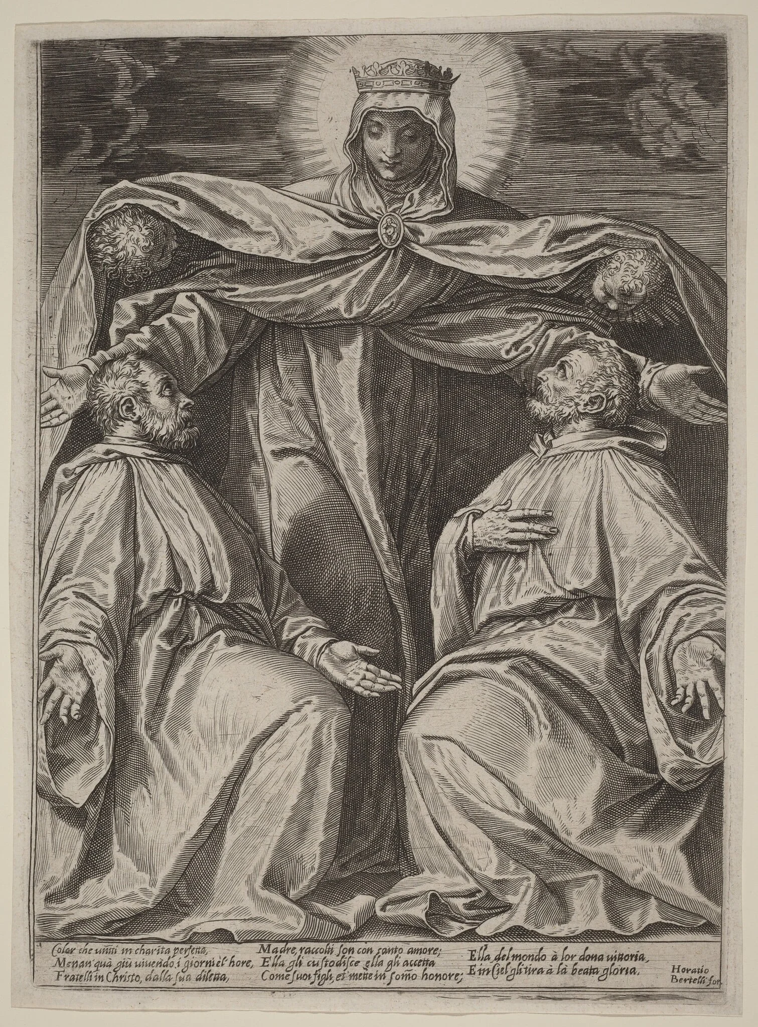The Madonna Protecting Two Members of a Confraternity, by Agostino Carracci, ink, 1582