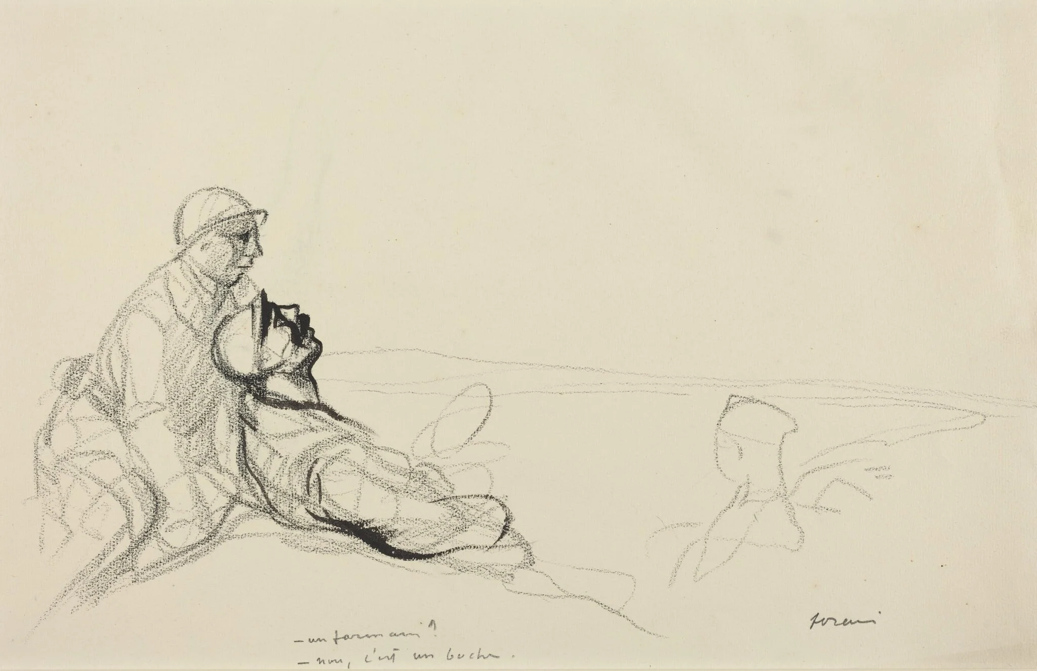 a) -Un farman?  -non, c'est un boche. (recto); b) Sketch of Figure (verso), by Jean-Louis Forain, ink, 1916