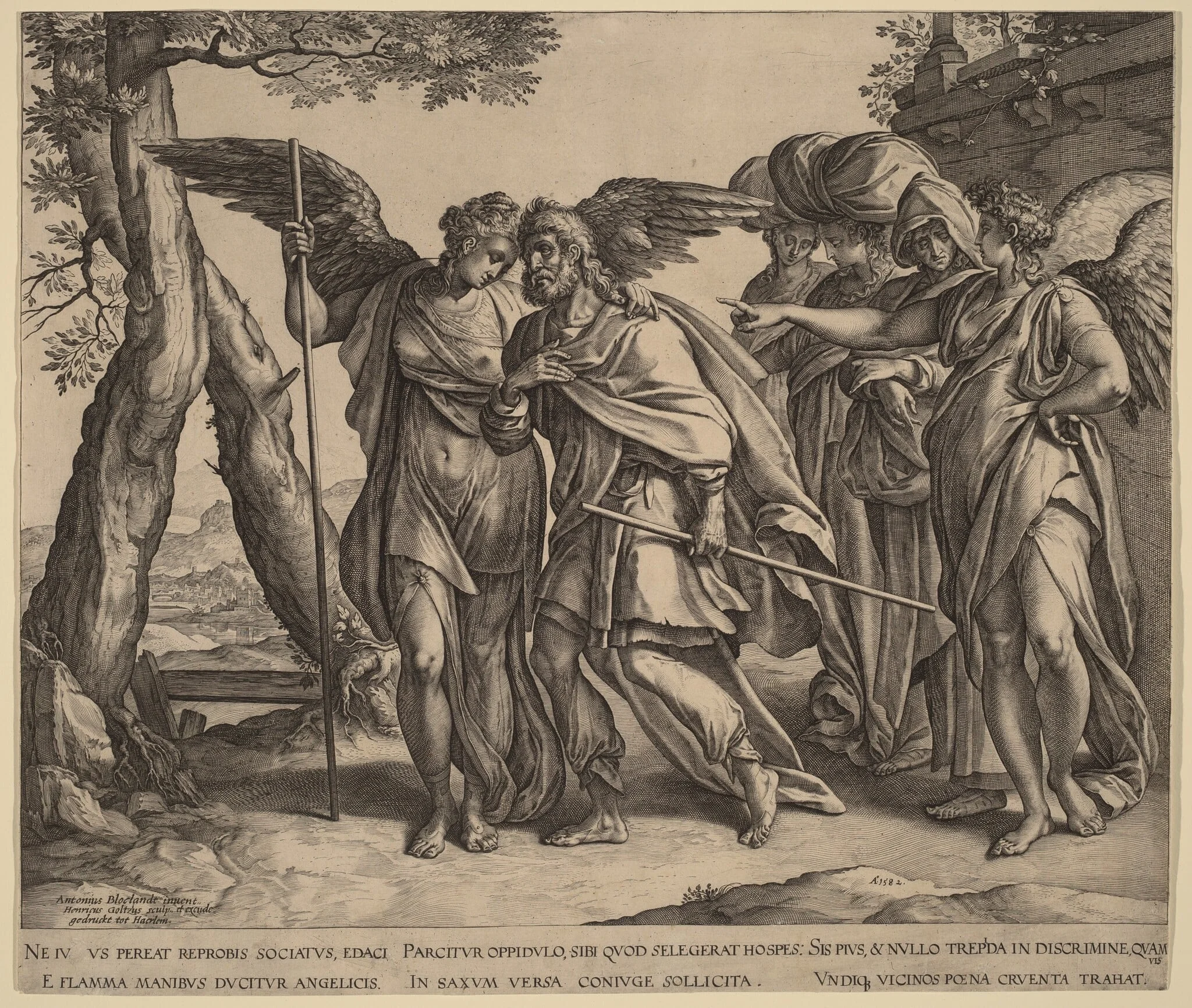 Lot and His Daughters Leaving Sodom, by Hendrik Goltzius, ink, 1582