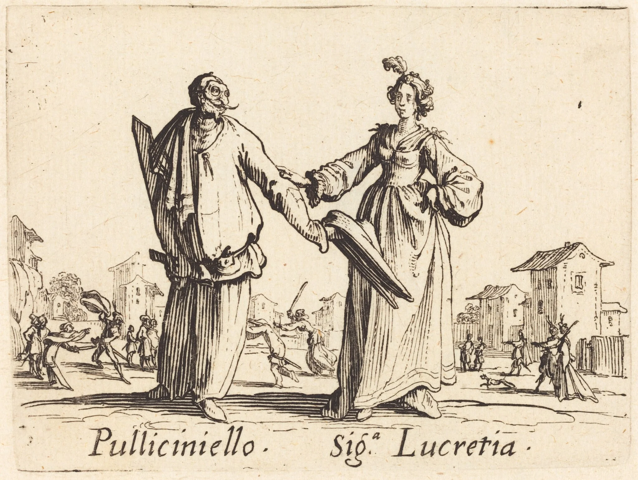 Pulliciniello and Siga. Lucretia, by Jacques Callot, ink, 1622