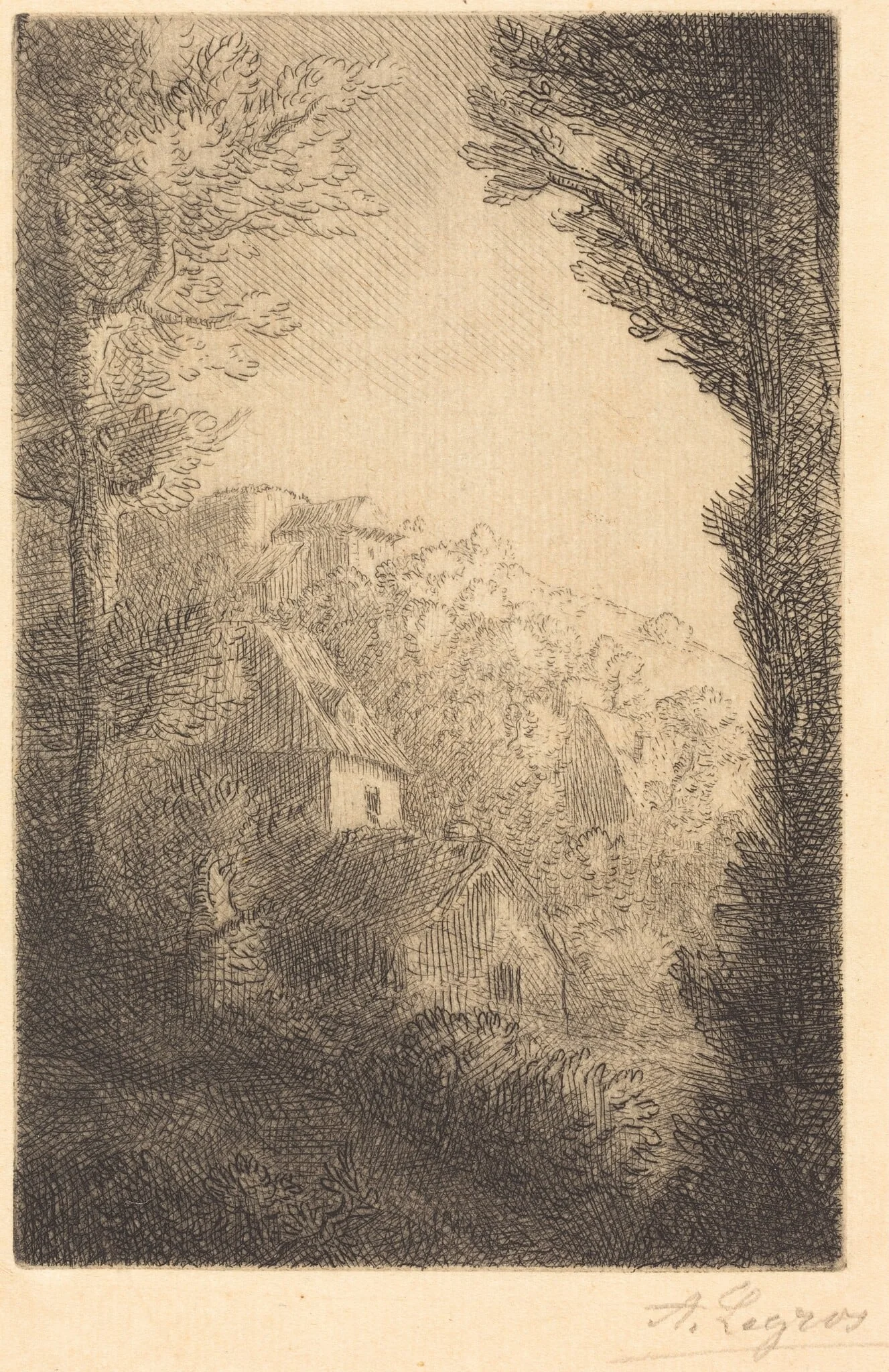 Farm on a Hillside in Sunlight (La ferme du coteau; Effet de soleil sur le coteau), by Alphonse Legros, ink, 1874