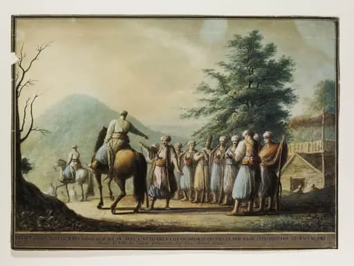 View of Mount Emo [Haemus] or Great Balkan in Bulgaria with guards assembled to collect a toll from travellers