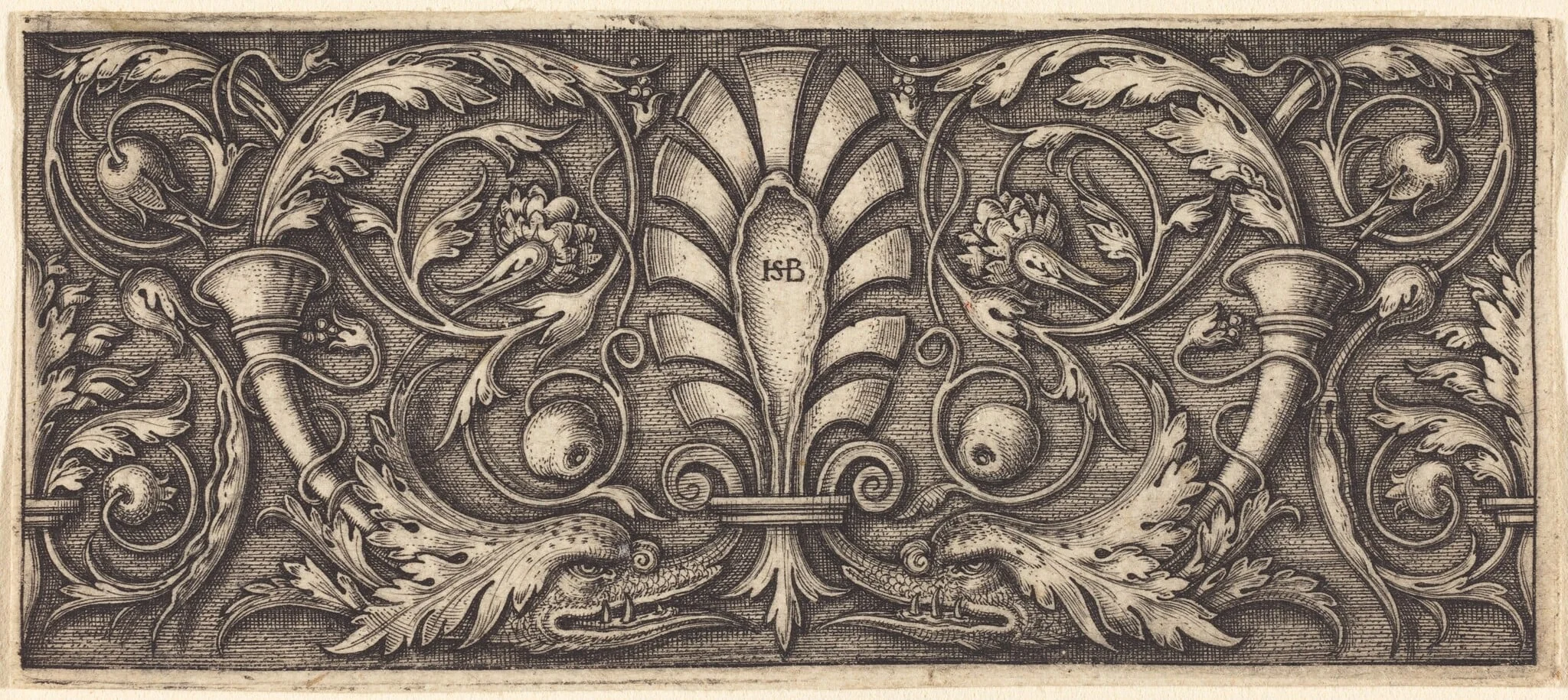 Ornament with Palmette and Two Dophin Heads, by Sebald Beham, ink, 1542