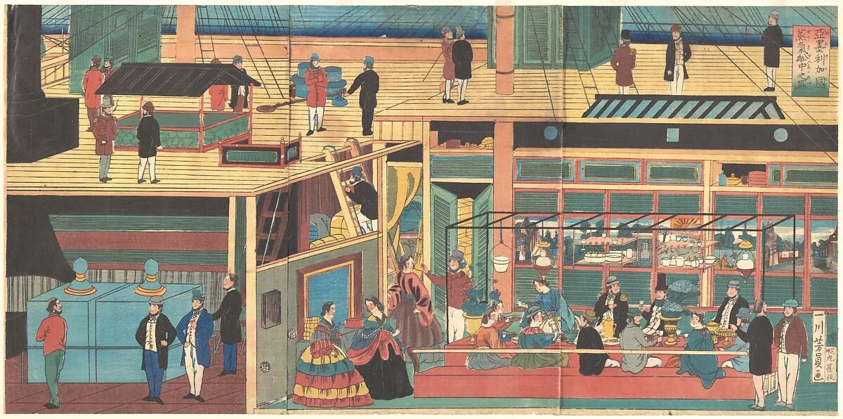 Amerika Koku Jokisen naka no zu|View Inside an American Steamship, by Utagawa Yoshikazu, ink, 1861