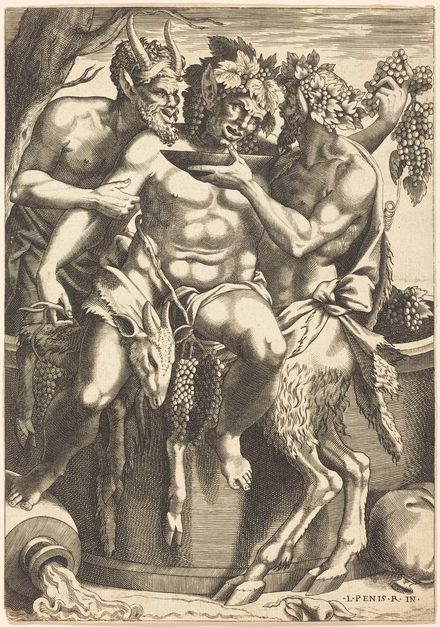 Two Satyrs Giving Drink to Bacchus, by René Boyvin, ink, 1540