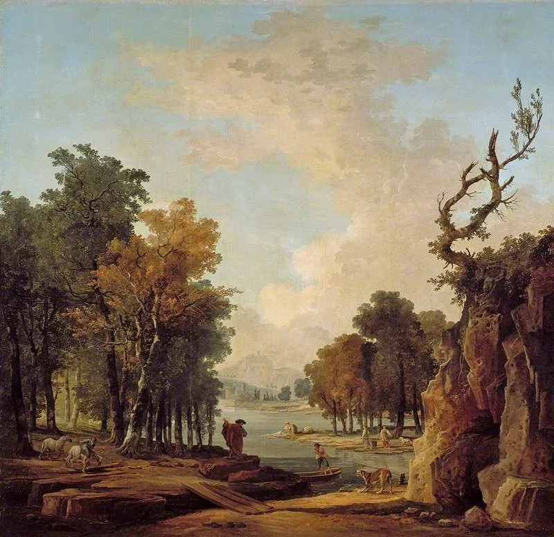 Wooded river landscape with a traveller, a barking dog, a horseman and women washing at an islet, by Hubert Robert, oil, 1800