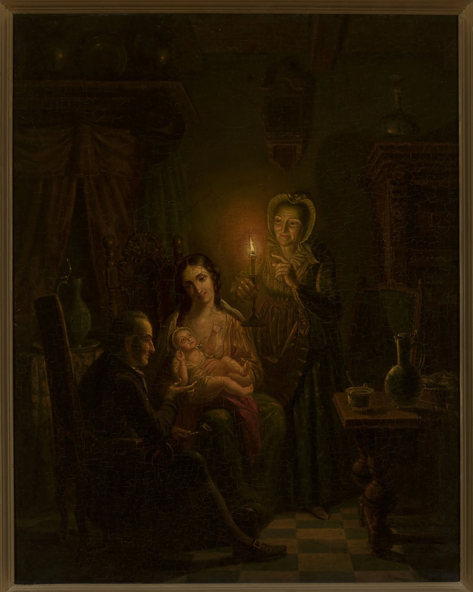 Family scene indoors by candlelight, by Willem Thans, oil, 1850
