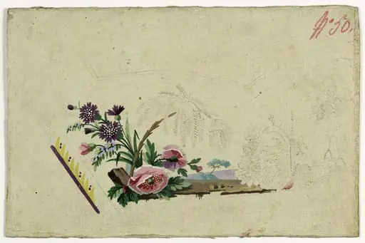 Décor paysage aux oeillets mauves, projets de broderies de gilet, XVIIIème siècle