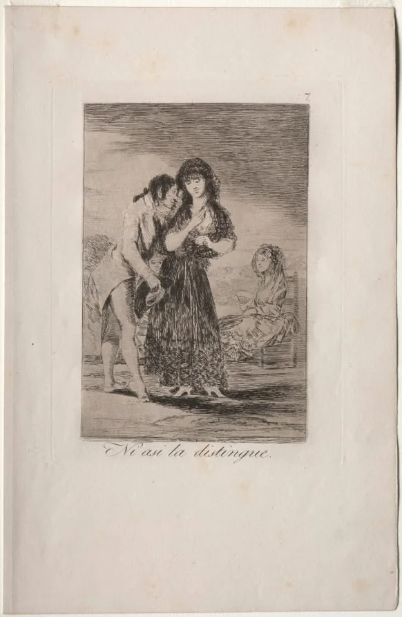Even Thus He Cannot Make Her Out, Plate 7, by Francisco Goya, 1799