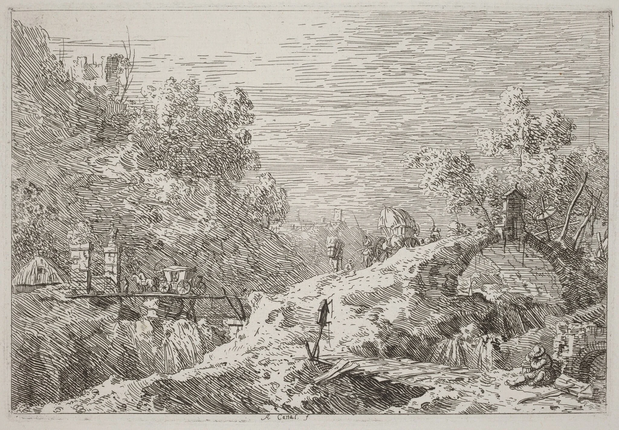 Mountain Landscape with Five Bridges [lower right], by Canaletto, ink, 1740