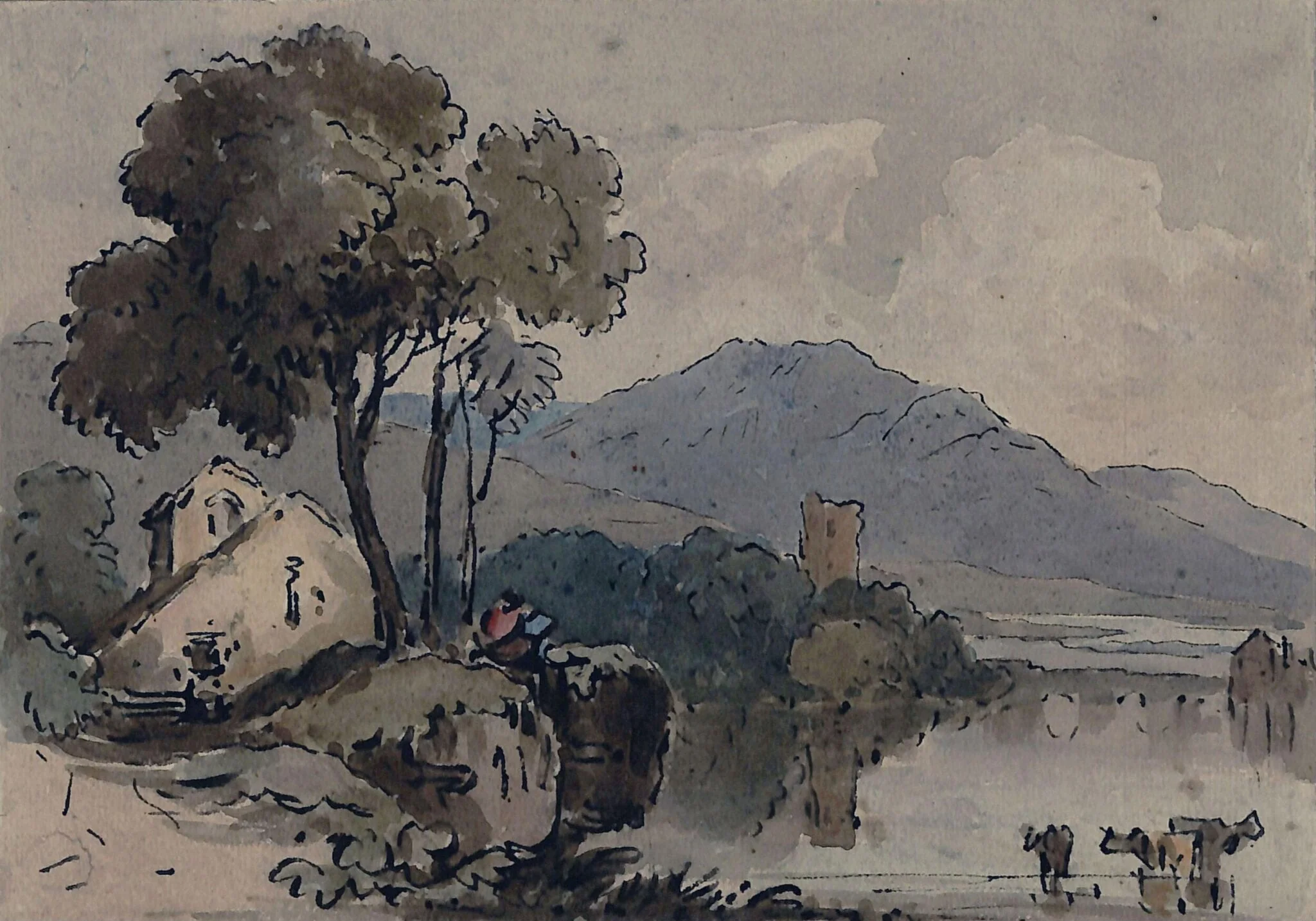 Watercolour landscape with cows in a lake