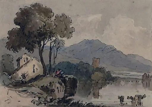 Watercolour landscape with cows in a lake