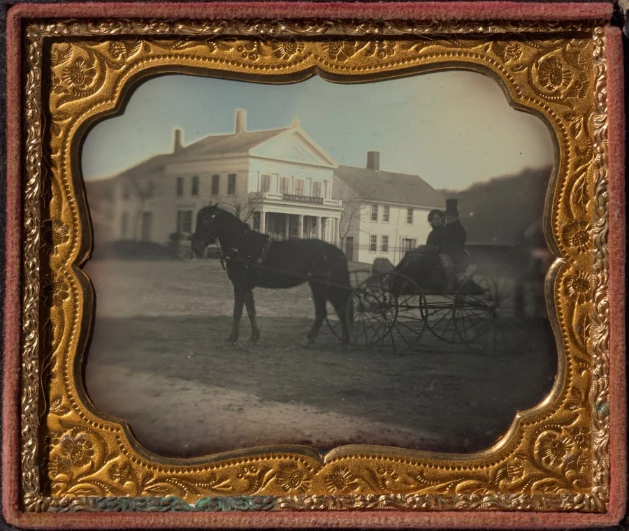 Solomon Clark Spelman and Martha W. Spelman in front of S.C. Spelman General Store, Hampden, MA, by Unknown, 1854